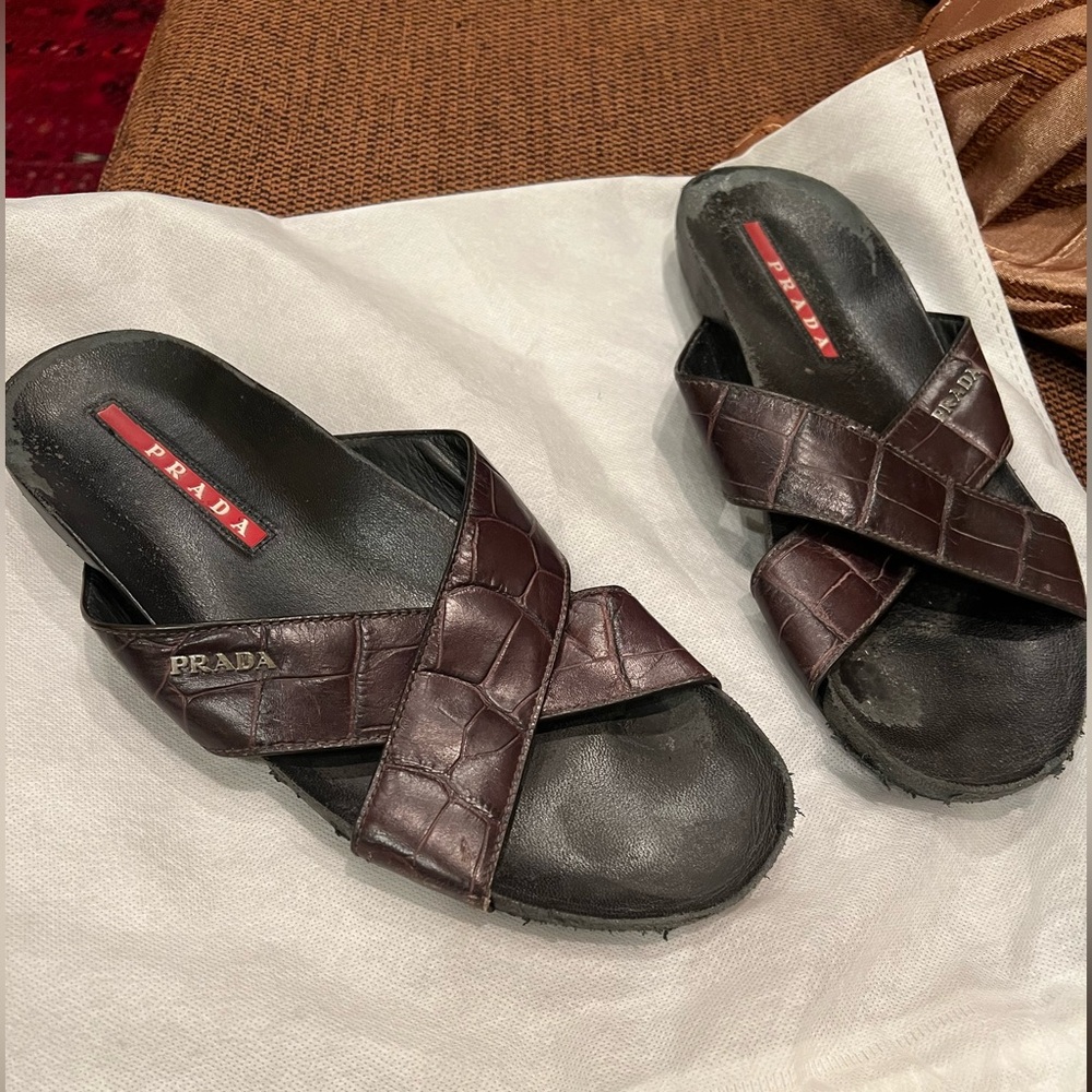 Prada Dark Brown Leather Criss-Cross Slides